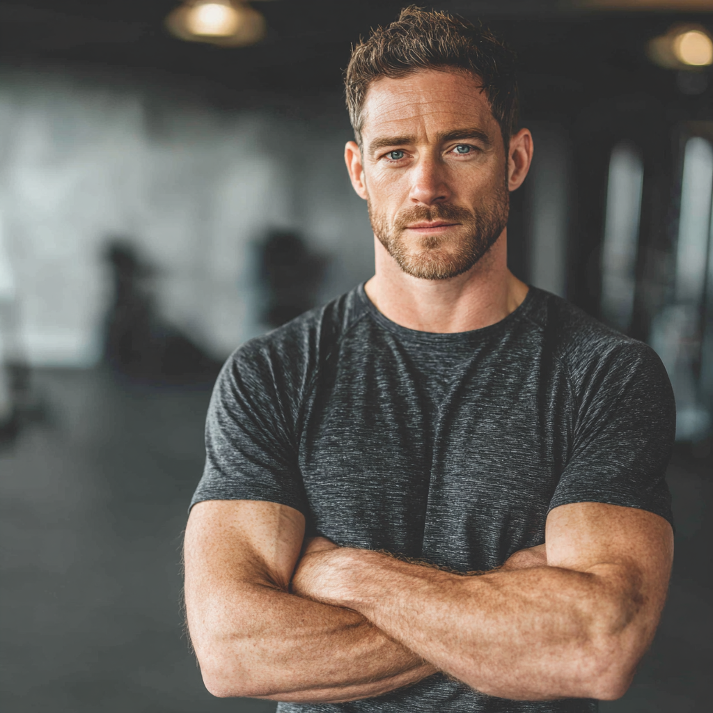 Confident man in athletic wear standing in modern gym, looking determined and focused