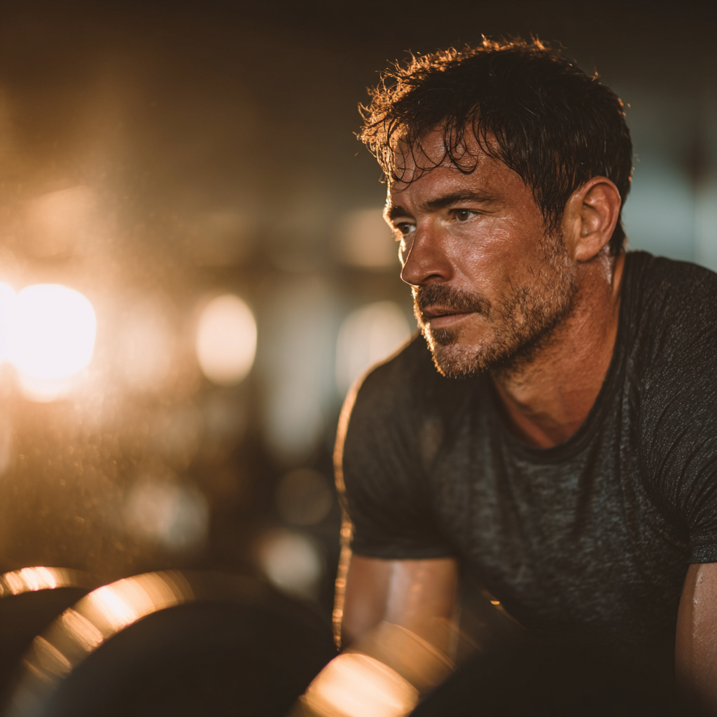 Determined man preparing for workout in professional gym environment, embodying strength and focus